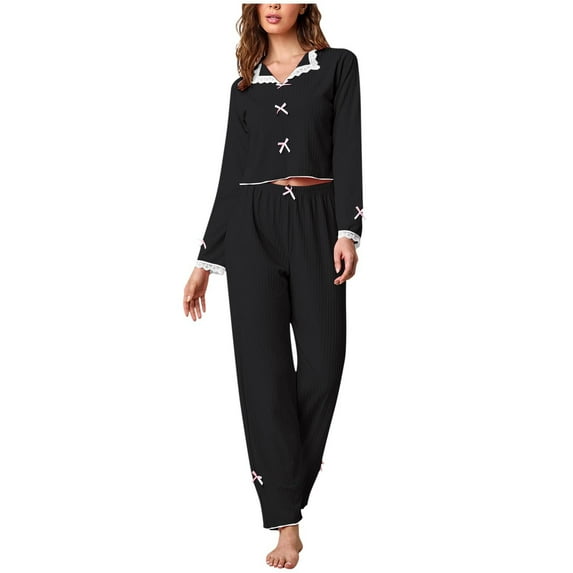 Tnhcen Women's Solid Color Collar Long Sleeve Sleepwear Set - Lace Trim Details & Bowknot Decoration Elastic Waist Pants 2-Piece Loungewear S-XL Ladies Pajamas Set