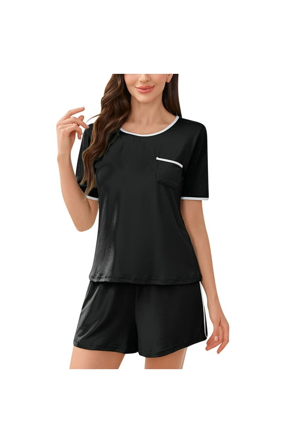 Women's Solid Color Crew Neck Short Sleeve Sleepwear Set with Pockets - Nylon Spandex Shorts Loungewear (S-XL)