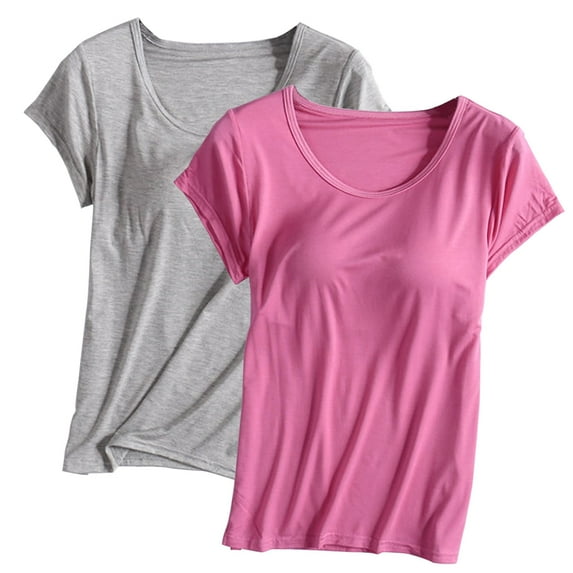 Tnhcen Women's Solid Color Crew Neck Short-Sleeved Top with Bra Pad Cup Home Clothes Short-Sleeved Pajamas Camisole Tops for Women Built In Bra Nightwear Plus Size Womens Tank Tops Gray