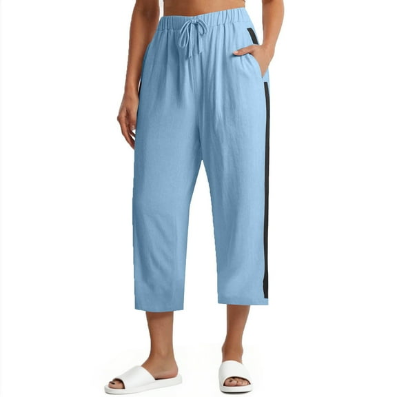 Tnhcen Women's Solid Color Cropped Pants Side Contrast Stripe Drawstring Waist Casual Capris Pants with Pockets Pre-Shrunk Cotton-Linen Like Fabric S-2XL