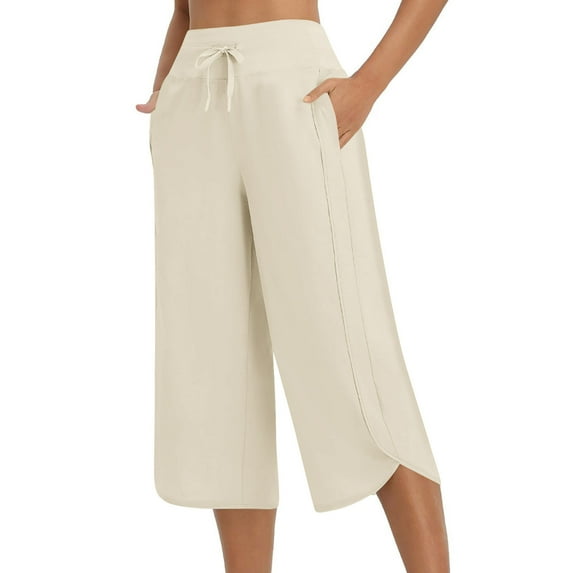 Tnhcen Women's Solid Color Drawstring Waist Fitness Pants · Split Hem Yoga Capris Gabardine Work Casual Sportswear S-2XL