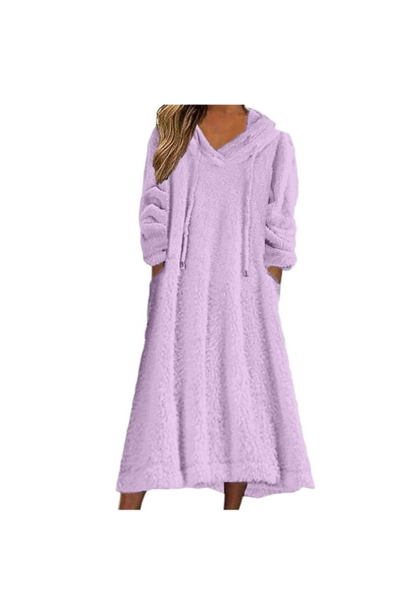 Women's Solid Color Hooded Drawstring Fleece Sleep Dress – Long Sleeve Crewneck with Side Pockets | Polyester Loungewear Dress S-4XL | Cozy Winter Pajama