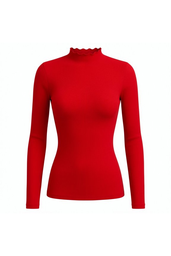 Women's Solid Color Long Sleeve Top High Neck Lettuce Edge Ribbed Knit Slim Fit Stretchy Casual Basic Layering Top Fall Winter Daily Essential