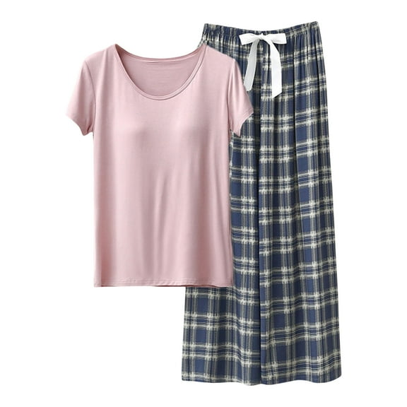 Tnhcen Women's Solid Color Short Sleeve Top Nightwear Set High-Waist Drawstring Lounge Pants Pajamas Set​ Free Size