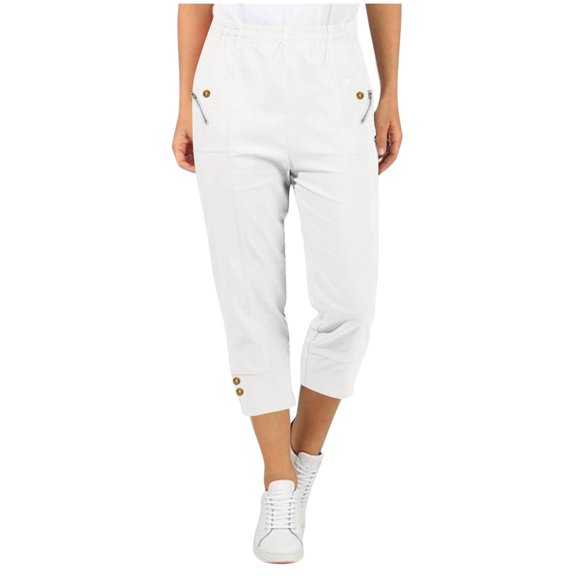 Tnhcen Women's Solid Color Stretch Straight Leg Capri Pants Elastic Waist Zipper Pocket Workwear Cargo Pants Matte Finish Casual Length Trousers S-2XL