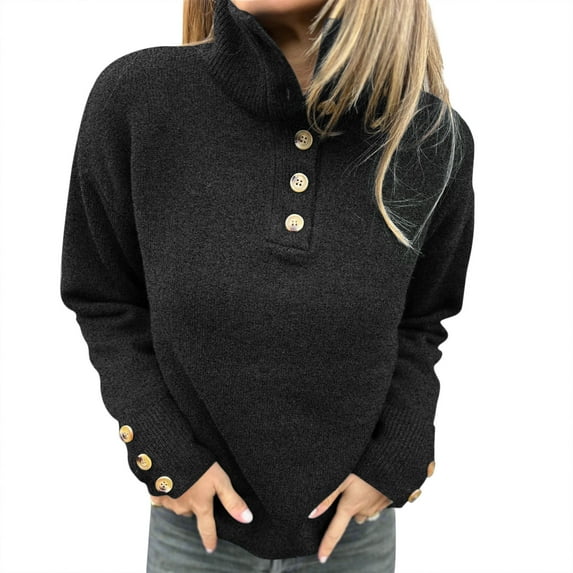 Tnhcen Women's Solid Color Turtleneck Sweater Button Detail Knit Top Soft Acrylic Pullover Fashion High Neck Wear Casual Comfort S-3XL