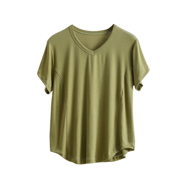Tnhcen Women's Solid Color V-Neck Short Sleeve Cotton Sleepwear T-Shirt - Plus Size Loose Summer Lightweight Pajamas XL-5XL Basic Sleepwear Tops
