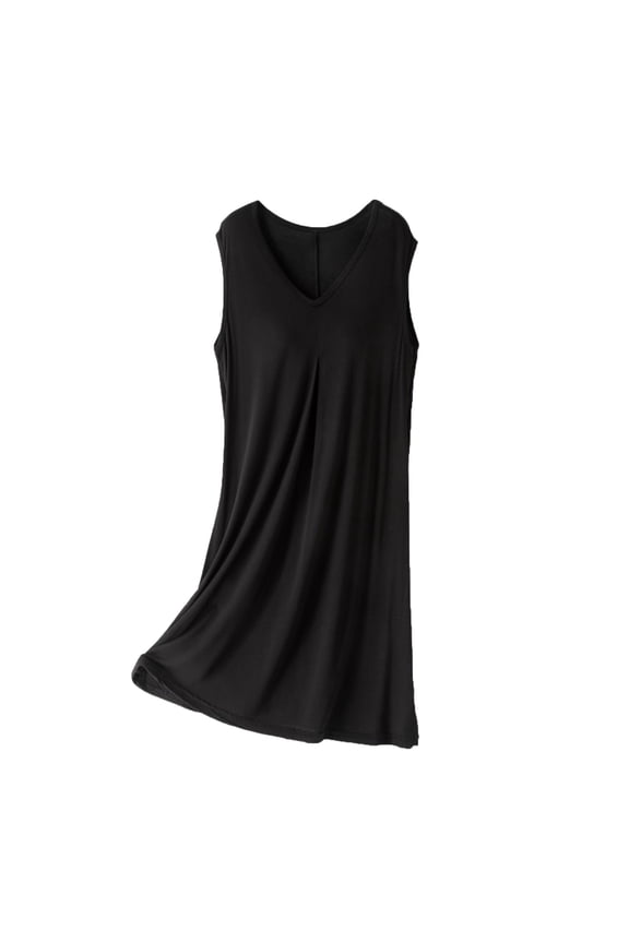 Tnhcen Women's Solid Color V-Neck Sleep Dress with Built-in Bra Loose-Fit Mid-Length Sleeveless Modal Blend Loungewear for L to XL
