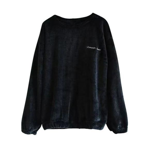 Tnhcen Women's Solid Coral Fleece Pajama Set Winter Thermal Sleepwear Cozy Flannel Lounge Set Long Sleeve Round Neck Soft Warm S-L Black