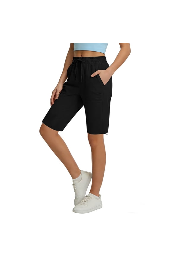 Women's Solid Elastic Waist Drawstring Pocket Shorts, Casual Wrinkle Design Shorts, Cool Silk Cotton Cavalry Oblique Shorts for Daily Wear Vacation, S - 2XL Loose - Fit Shorts