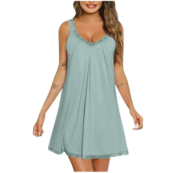 Tnhcen Women's Solid Lace Trim Sleep Dress Thin Spaghetti Strap Short Nightgown with Modal Cotton Blend Loose Fit for S-2XL