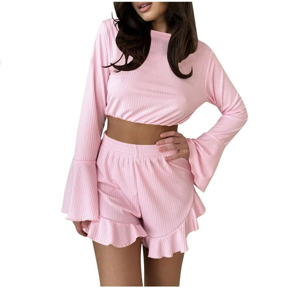 Tnhcen Women's Solid Ruffled Crew Neck Long Sleeve Sleepwear Set with Elastic Waist Shorts Plus Size Loungewear for Women S-XL