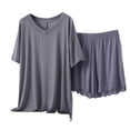 thumbnail image 1 of Tnhcen Women's Solid Short Sleeve 2 Piece Pjs Set V Neck Top and Ruffle Shorts Comfy Sleepwear Home Clothes L-XL, 1 of 3