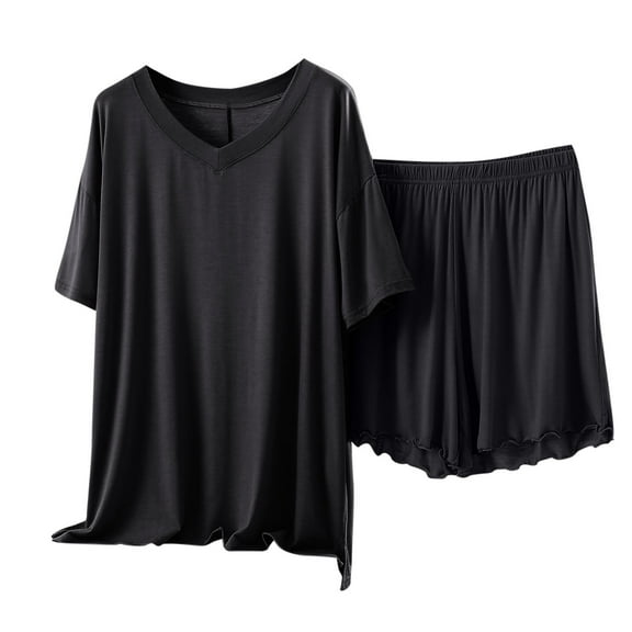 Tnhcen Women's Solid Short Sleeve 2 Piece Pjs Set V Neck Top and Ruffle Shorts Comfy Sleepwear Home Clothes L-XL