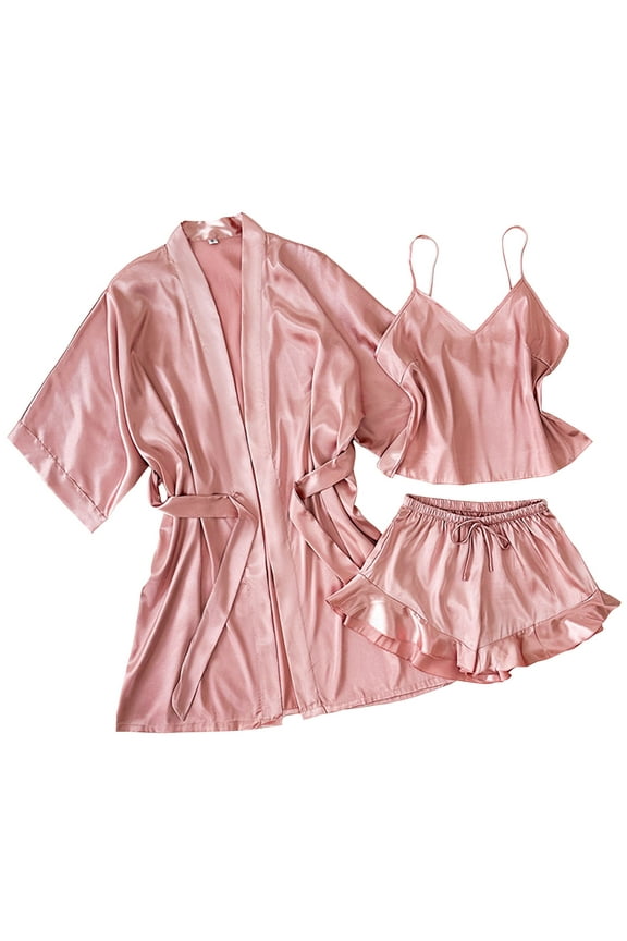 Tnhcen Women's Solid Sleep Pajama Set Cami Tank Top Shorts Robe Nightgown 3-Piece Polyester Satin Home Clothes Set S-XL