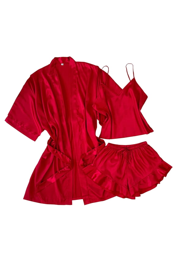 Tnhcen Women's Solid Sleep Pajama Set Cami Tank Top Shorts Robe Nightgown 3-Piece Polyester Satin Home Clothes Set S-XL