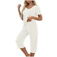 thumbnail image 1 of Tnhcen Women's Solid V-Neck Short Sleeve Capri Pajama Set, Loose Fit Lounge Sleepwear Milk Silk Fleece, S-2XL Casual Home Clothes, 1 of 7