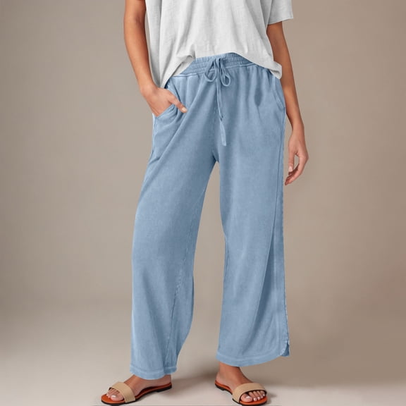 Tnhcen Women's Solid Wide Leg Pants with Elastic Waist & Pockets Casual Lounge Drawstring Trousers Polyester Spandex Cotton-Like Soft Comfort Plus Size Available