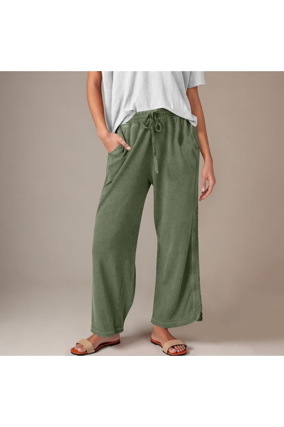 Women's Solid Wide Leg Pants with Elastic Waist & Pockets Casual Lounge Drawstring Trousers Polyester Spandex Cotton-Like Soft Comfort Plus Size Available