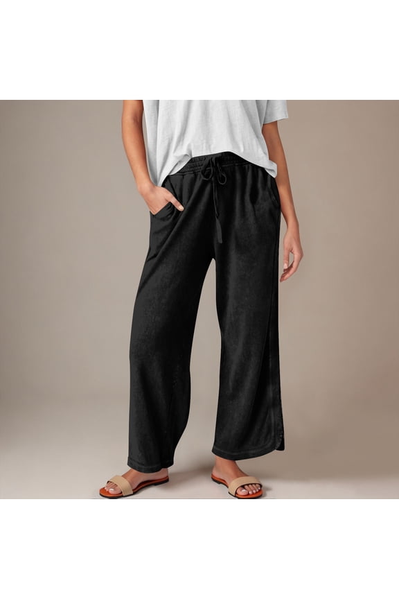 Women's Solid Wide Leg Pants with Elastic Waist & Pockets Casual Lounge Drawstring Trousers Polyester Spandex Cotton-Like Soft Comfort Plus Size Available
