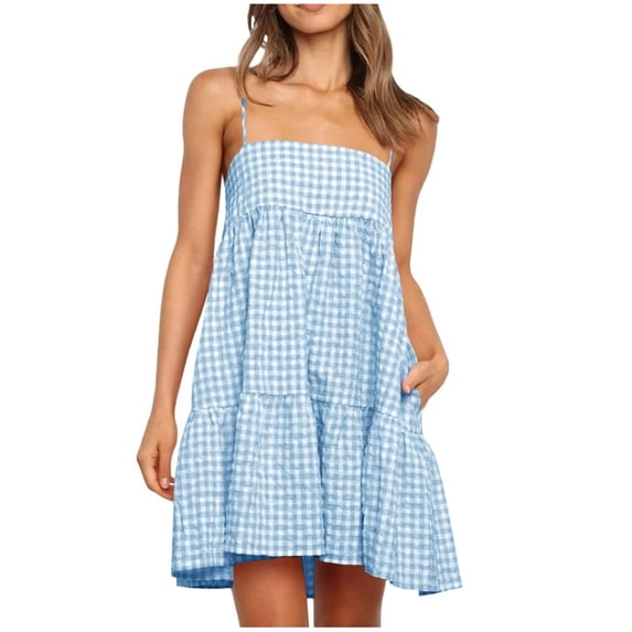 Tnhcen Women's Spaghetti Strap Gingham A-Line Mini Dress with Side Pockets, Casual 100% Polyester Ruffled Summer Beach Loose Mini Dress for Women S - 2XL