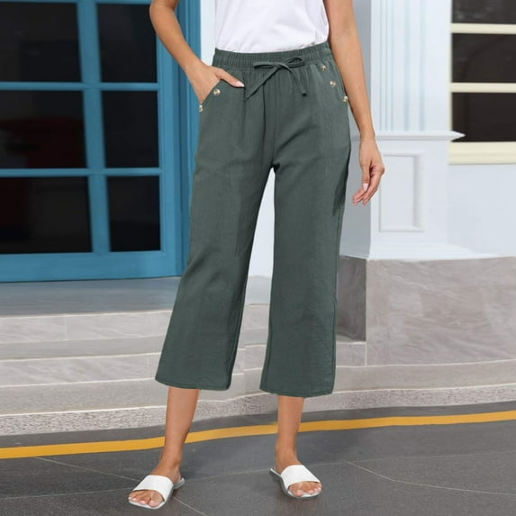 Tnhcen Women's Spring Autumn Drawstring Cotton Linen Capri Pants - Relaxed Fit Basic Solid Color Trousers with Elastic Waist Pockets & Easy Care S-3XL