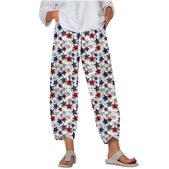 Tnhcen Women's Spring Autumn Wide Leg Casual Pants - Patriotic 4th of July Print, Pre-Shrunk Loose Fit Elastic Waist Pants Plus Size 5XL