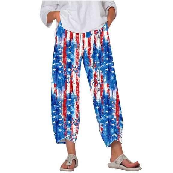 Tnhcen Women's Spring Autumn Wide Leg Casual Pants - Patriotic 4th of July Print, Pre-Shrunk Loose Fit Elastic Waist Pants Plus Size 5XL