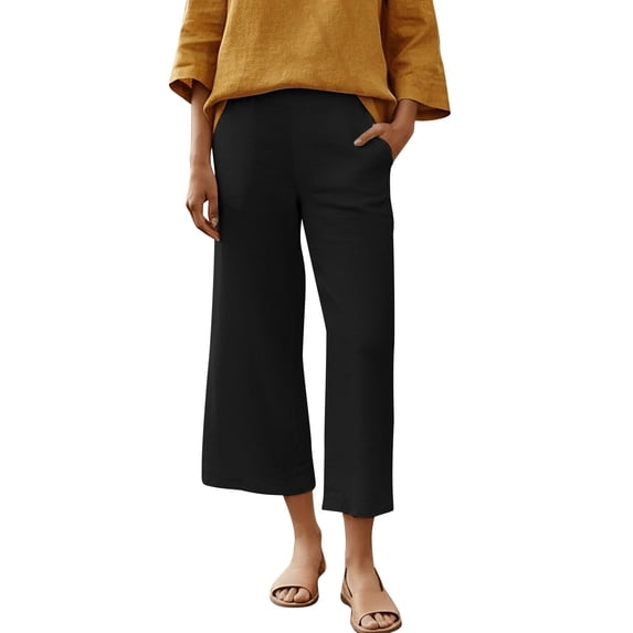 Tnhcen Women's Spring Summer Casual Elastic Waist Linen Look Pre - Washed Crinkle 100% Polyester Solid Color Straight Leg Wide Cuff Cropped Capri Pants S - 2XL Relaxed Fit Trousers