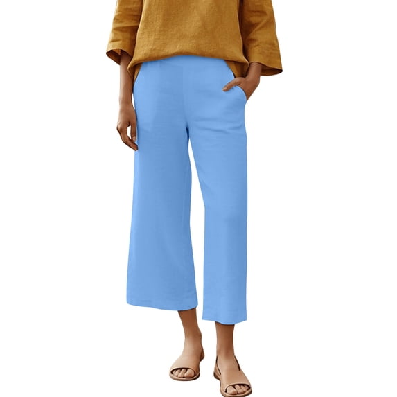 Tnhcen Women's Spring Summer Casual Elastic Waist Linen Look Pre - Washed Crinkle 100% Polyester Solid Color Straight Leg Wide Cuff Cropped Capri Pants S - 2XL Relaxed Fit Trousers