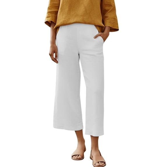 Tnhcen Women's Spring Summer Casual Elastic Waist Linen Look Pre - Washed Crinkle 100% Polyester Solid Color Straight Leg Wide Cuff Cropped Capri Pants S - 2XL Relaxed Fit Trousers