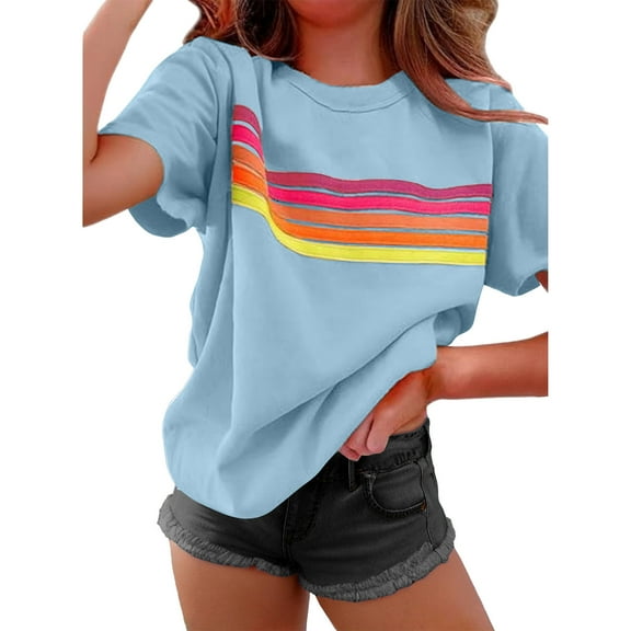 Tnhcen Women's Spring Summer Color-Blocked Striped Crewneck T-Shirt | Basics Plus Size Friendly (S-2XL) Summer Print Tops