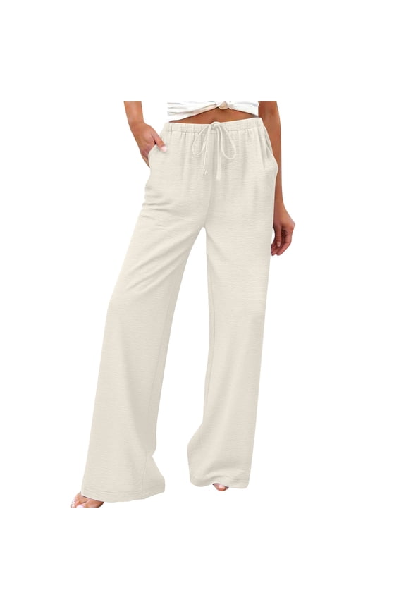 Women's Spring Summer Elastic Waist Linen Casual Straight Leg Pants 100% Polyester Ice Wrinkle Fabric Drawstring Trousers Loose Fit Breathable Plus Size S - 2XL