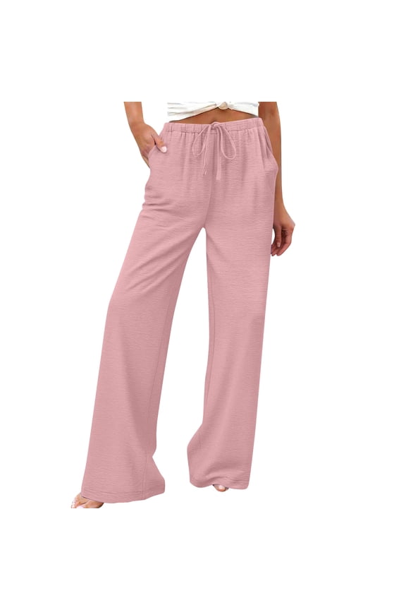 Women's Spring Summer Solid Color Drawstring Waist Casual Wide Leg Pants 100% Polyester Ice Silk Crepe S-2XL Plus Size Loose Trousers Breathable Lightweight Comfortable