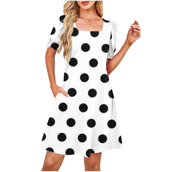Tnhcen Women's Square Neck Polka Dot Print Short Sleeve Dress With Pockets Stretchy Casual Day Dress For Women, Plus Size S-2XL, Fitted Flattering Bodycon Dress