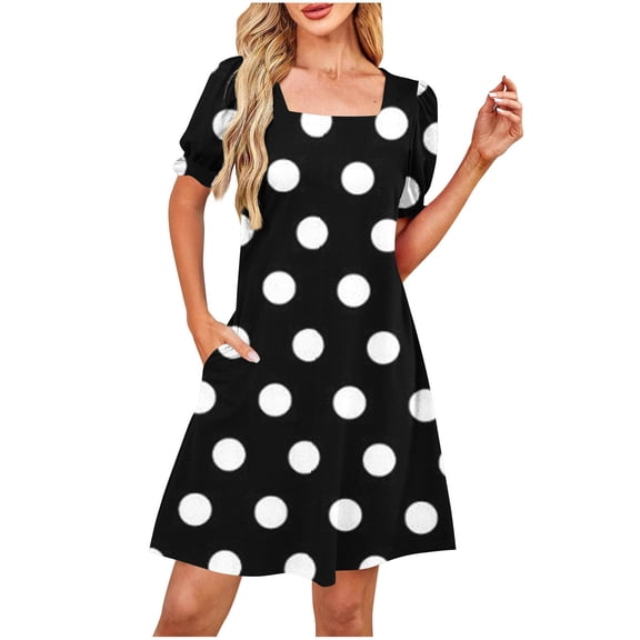 Tnhcen Women's Square Neck Polka Dot Print Short Sleeve Dress With Pockets Stretchy Casual Day Dress For Women, Plus Size S-2XL, Fitted Flattering Bodycon Dress