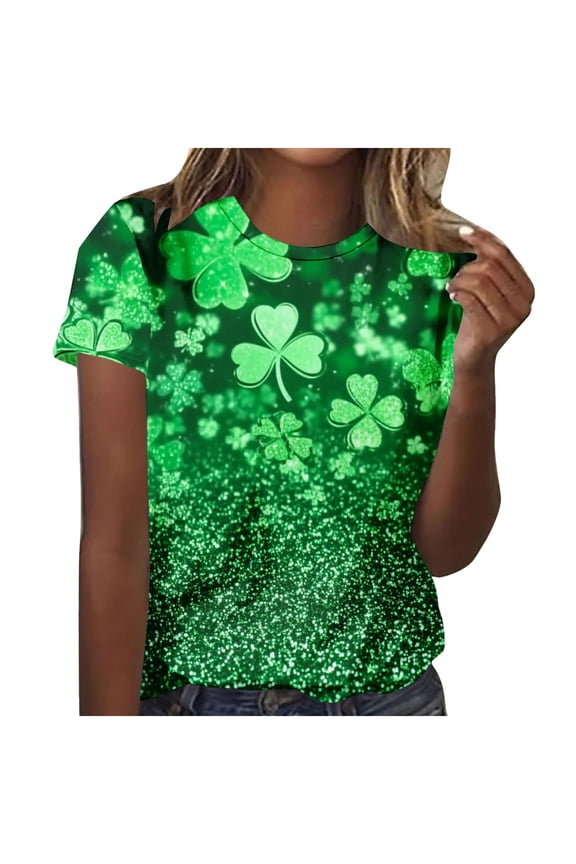 Women's St.Patrick's Day Clover Print Tie Dye Round Neck Short Sleeve T-Shirt Festival Costume Top Stretchy Soft Breathable S-3XL