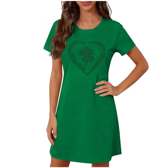 Tnhcen Women's St. Patrick's Day Sleep Dress Casual Loose Fit Heart Shamrock Print Home Wear Robe 95% Polyester 5% Spandex Comfortable Nightgown Plus Size S - 2XL