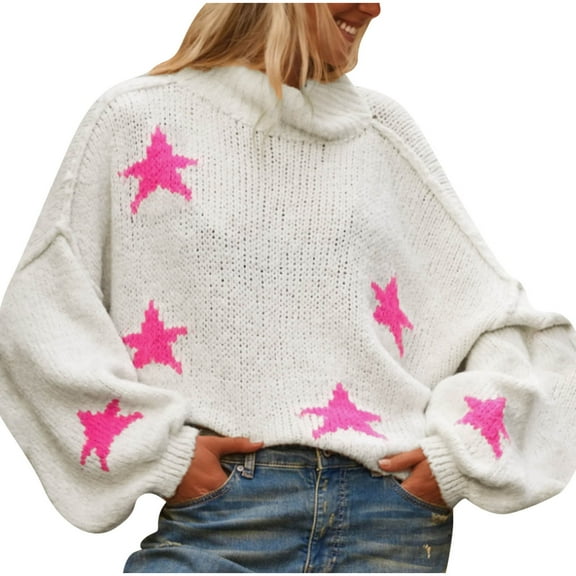 Tnhcen Women's Star Pattern Cardigan High Neck Acrylic Sweater Loose Fit Long Sleeve Cover Up Casual Knit Top Cozy Star Print S-XL