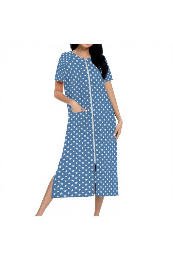 Women's Star Print Zip-Up Long Nightgown Milk Silk Double-Sided Fleece Sleepwear Cozy Loungewear with Pockets S-2XL Soft Brushed Robe Dress
