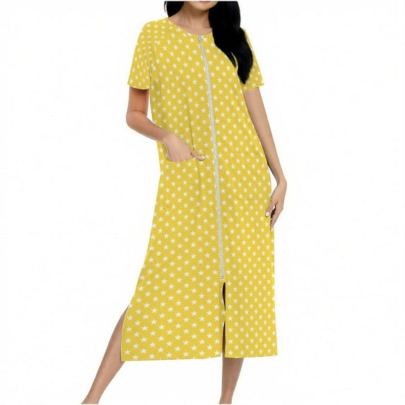 Tnhcen Women's Star Print Zip-Up Long Nightgown Milk Silk Double-Sided Fleece Sleepwear Cozy Loungewear with Pockets S-2XL Soft Brushed Robe Dress