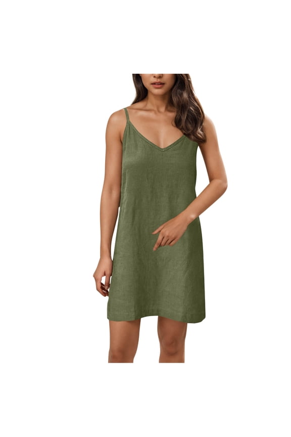 Women's Strappy Cami V-Neck Dress 100% Polyester Pre - Shrunk Cotton Linen Look, Loose Fit Casual Nightgown Sleepwear, Plus Size S - 2XL Women's Loungewear Dress