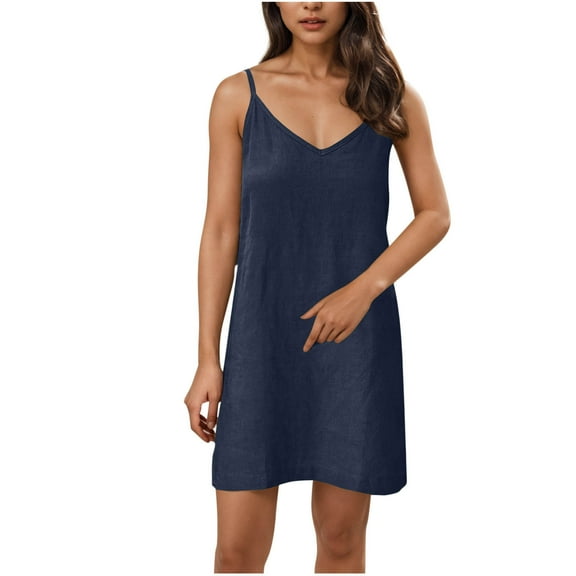 Tnhcen Women's Strappy Cami V-Neck Dress 100% Polyester Pre - Shrunk Cotton Linen Look, Loose Fit Casual Nightgown Sleepwear, Plus Size S - 2XL Women's Loungewear Dress