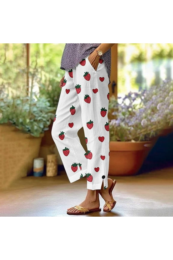Women's Strawberry Print Pre-Shrunk Washed Crease Pants Elastic Waist Linen-Like Trousers Loose Fit Straight Leg Casual Pants S-2XL