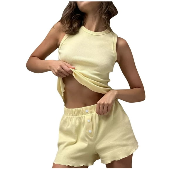 Tnhcen Women's Stretch Solid Crewneck Sleepwear Set Elastic Waist Shorts with Ribbed Design for S-XL Cozy Home Wear