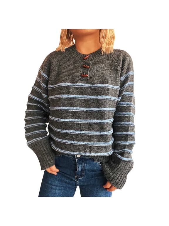 Women's Striped Color Block Sweater Loose Fit Knit Top Soft Nylon Spandex Pullover Round Neck Casual Wear Striped Pattern Sweater S-L