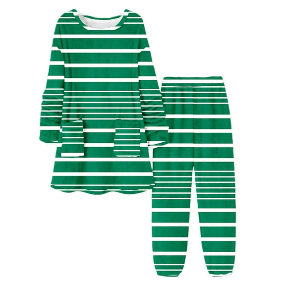 Tnhcen Women's Striped Fleece Lined Sleepwear Set Round Neck Long Sleeve with Pockets Warm Flannel Pajamas 2-Piece Set S-3XL Multiple Colors Available