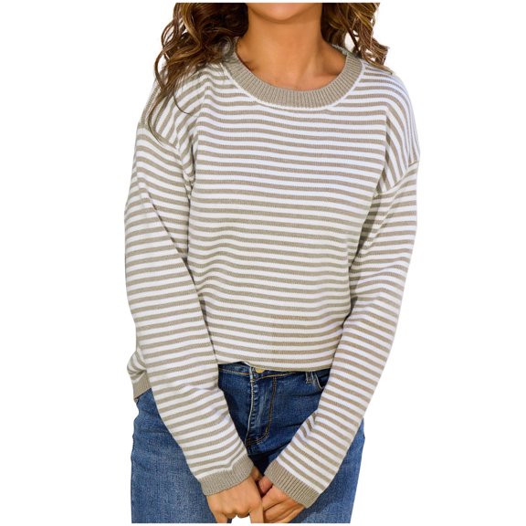 Tnhcen Women's Striped Knit Sweater Casual Round Neck Top Soft Acrylic Pullover Loose Fit Comfort Wear Warm Winter S-XL