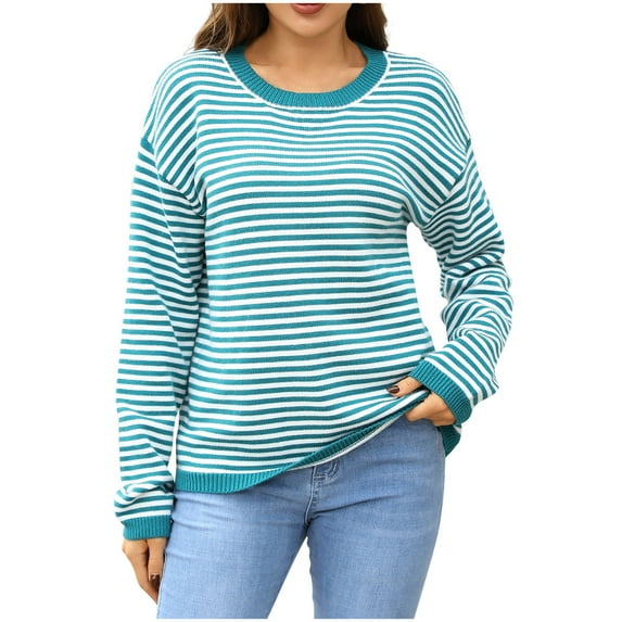 Tnhcen Women's Striped Knit Sweater Casual Round Neck Top Soft Acrylic Pullover Loose Fit Comfort Wear Warm Winter S-XL