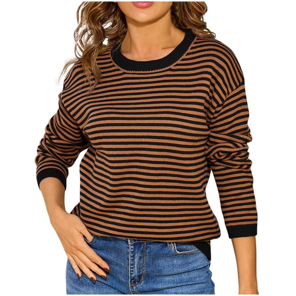 Tnhcen Women's Striped Knit Sweater Casual Round Neck Top Soft Acrylic Pullover Loose Fit Comfort Wear Warm Winter S-XL